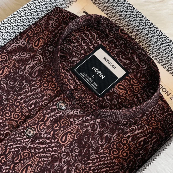 Men’s Maroon & Black Micro-Paisley Print Panjabi | Elegant Traditional Pattern | Regular Fit Cotton Blend Panjabi for Men
