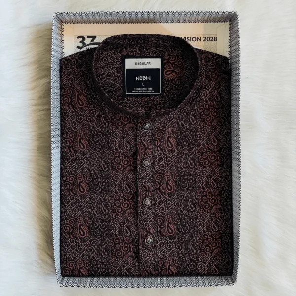 Men’s Maroon & Black Micro-Paisley Print Panjabi | Elegant Traditional Pattern | Regular Fit Cotton Blend Panjabi for Men - Image 3