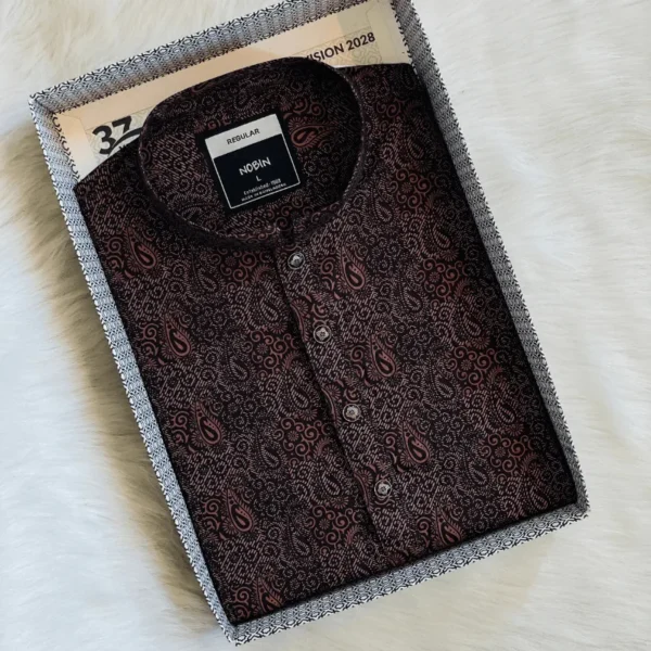 Men’s Maroon & Black Micro-Paisley Print Panjabi | Elegant Traditional Pattern | Regular Fit Cotton Blend Panjabi for Men - Image 2