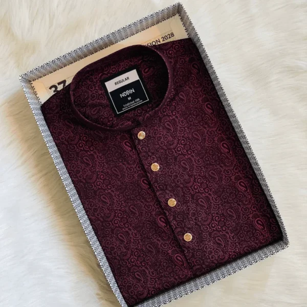 Men’s Deep Wine Micro-Paisley Panjabi with Gold Buttons | Elegant Festive Panjabi for Men | Regular Fit Cotton Blend - Image 3