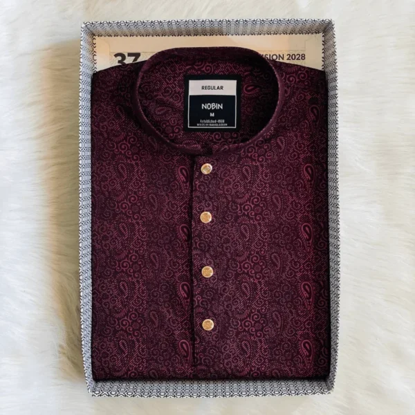 Men’s Deep Wine Micro-Paisley Panjabi with Gold Buttons | Elegant Festive Panjabi for Men | Regular Fit Cotton Blend - Image 2