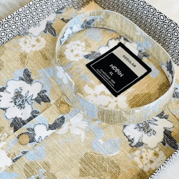 Men’s Khaki Floral Print Short Panjabi | Summer Cotton Blend Panjabi | Regular Fit Casual Wear