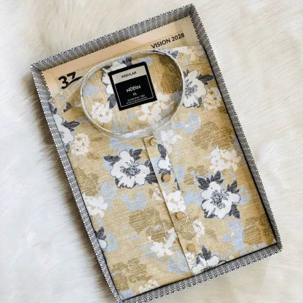 Men’s Khaki Floral Print Short Panjabi | Summer Cotton Blend Panjabi | Regular Fit Casual Wear - Image 3