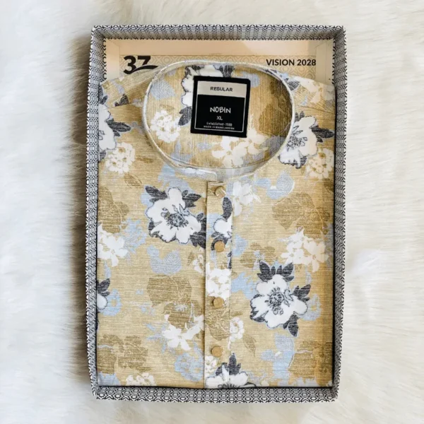 Men’s Khaki Floral Print Short Panjabi | Summer Cotton Blend Panjabi | Regular Fit Casual Wear - Image 2
