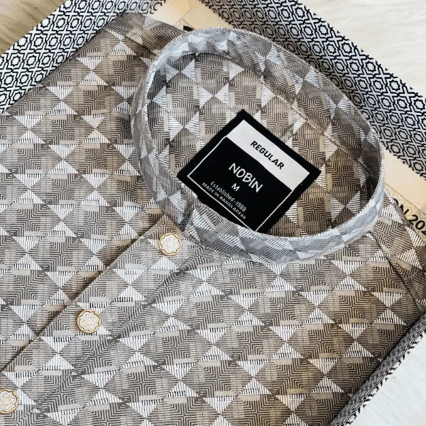 Men’s Neutral Geometric Diamond Print Panjabi | Regular Fit Casual Panjabi for Men