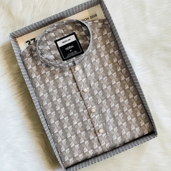 Men’s Neutral Geometric Diamond Print Panjabi | Regular Fit Casual Panjabi for Men - Image 2