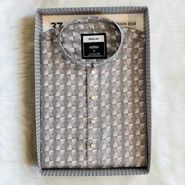 Men’s Neutral Geometric Diamond Print Panjabi | Regular Fit Casual Panjabi for Men - Image 3