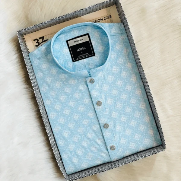 Men’s Sky Blue Geometric Print Panjabi | Regular Fit Casual Panjabi for Men - Image 3