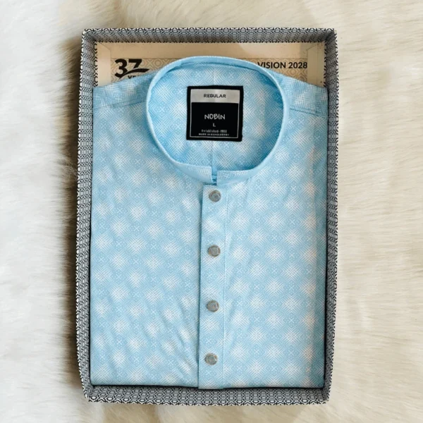 Men’s Sky Blue Geometric Print Panjabi | Regular Fit Casual Panjabi for Men - Image 2