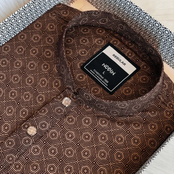 Men’s Dark Brown Geometric Hexagon Panjabi | Regular Fit Casual Panjabi