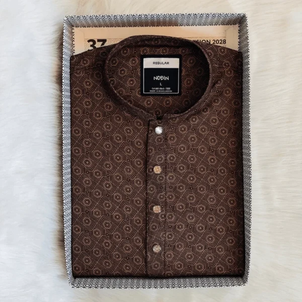 Men’s Dark Brown Geometric Hexagon Panjabi | Regular Fit Casual Panjabi - Image 3