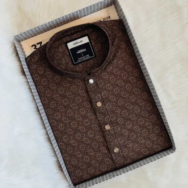 Men’s Dark Brown Geometric Hexagon Panjabi | Regular Fit Casual Panjabi - Image 2