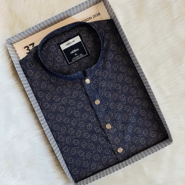 Men's Premium Cotton Panjabi with Modern Geometric Print - Navy & Beige | Elegant Festive Wear by NOBIN - Image 3