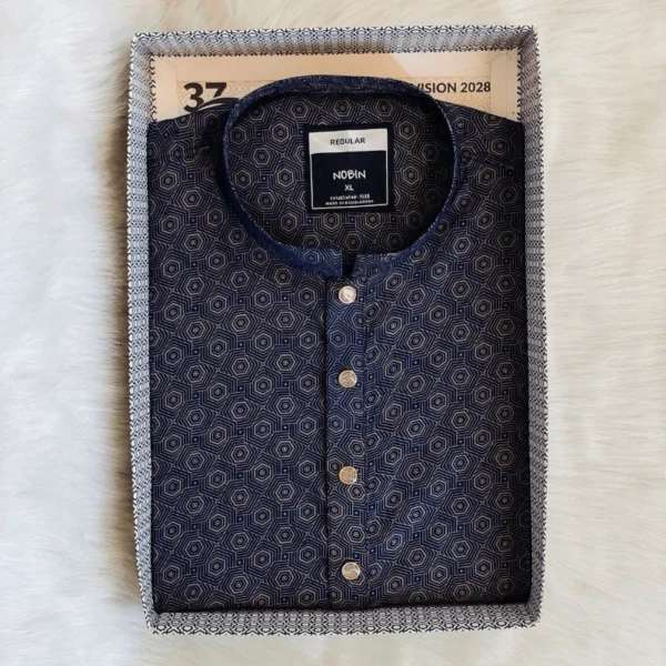 Men's Premium Cotton Panjabi with Modern Geometric Print - Navy & Beige | Elegant Festive Wear by NOBIN - Image 2