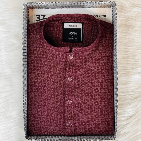Men’s Premium Cotton Panjabi with Classic Maroon Maze Print | Elegant Festive Wear | NOBIN - Image 2