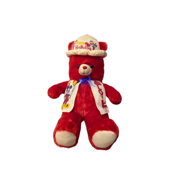 Dazzling Red Birthday Teddy Bear | Festive Hat and Vest