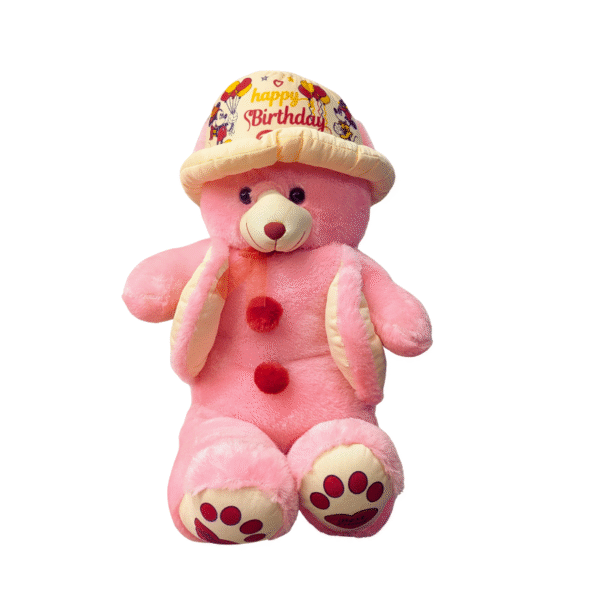 Charming Pink Celebration Teddy Bear with "Happy Birthday" Hat and Pom Poms | Perfect Gift for Birthdays & Special Occasions